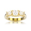 3D illustration isolated yellow gold three stone diamond ring wi