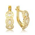 3D illustration isolated yellow gold three stone solitaire diamond earrings with hinged lock with reflection