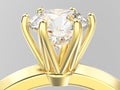 3D illustration isolated zoom macro yellow gold traditional solitaire engagement ring with diamond