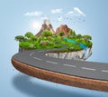 3D illustration of isometric piece of road with beautiful green garden and grass, trees, and plants.