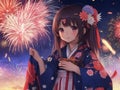 3D illustration of a Japanese girl in kimono and fireworks