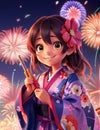 3D illustration of a Japanese girl in a kimono with fireworksc