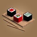 3d illustration, Japanese sushi food on a wooden board with wooden chopsticks. Icon, clip art Royalty Free Stock Photo