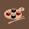 3d illustration, Japanese sushi food on a wooden board with wooden chopsticks. Icon, colorful design Royalty Free Stock Photo