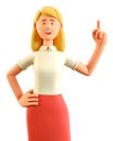 3D illustration of joyful beautiful blonde woman with index finger up gesture. Cute cartoon smiling attractive businesswoman