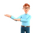 3D illustration of joyful man pointing hands at direction. Close up portrait of cartoon cheerful businessman.