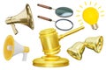 3d illustration of judge hammer, megaphone, magnifying glass, golden bell, and light bulb