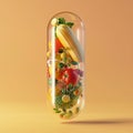 3D illustration in 4K Clear capsule showcasing essential vitamins encased by a selection of vibrant