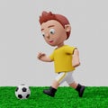 3d illustration of kids playing football with yellow shirts on green grass and white background