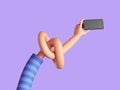 3d illustration, knotted arm in stripped sleeve, flexible cartoon character hand holds smart phone in horizontal position. Funny