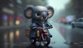 3d illustration of a koala on a motorcycle in the rain