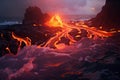 3D illustration of a lava flow flowing into the sea at sunset, Lava is entering the ocean with many small flows, AI Generated