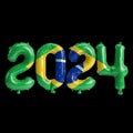 3d illustration of letter about new year 2024 with balloons on color Brazil flag