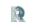 3D illustration, letter R blue color rusty iron metal alphabet, isolated design element