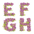 3D illustration of Lilac flowers alphabet - letters E-H