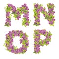 3D illustration of Lilac flowers alphabet - letters M-P