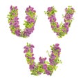 3D illustration of Lilac flowers alphabet - letters U-W