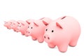 3d illustration: line of pink piggy bank on a white background. range from smallest to largest. five money box for coins