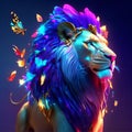 3d illustration of a lion with butterflies in a blue neon light AI generated