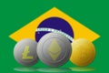 3D illustration Litecoin Ethereum Bitcoin cryptocurrency with BRASIL flag on background