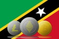 3D illustration Litecoin Ethereum Bitcoin cryptocurrency with Saint Kitts and Nevis flag on background