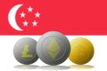 3D illustration Litecoin Ethereum Bitcoin cryptocurrency with Singapore flag on background