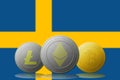 3D illustration Litecoin Ethereum Bitcoin cryptocurrency with Sweden flag on background