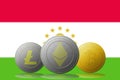 3D illustration Litecoin Ethereum Bitcoin cryptocurrency with Tajikistan flag on background