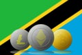 3D illustration Litecoin Ethereum Bitcoin cryptocurrency with Tanzania flag on background