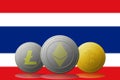 3D illustration Litecoin Ethereum Bitcoin cryptocurrency with Thailand flag on background