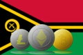 3D illustration Litecoin Ethereum Bitcoin cryptocurrency with Vanuatu flag on background