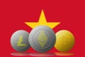 3D illustration Litecoin Ethereum Bitcoin cryptocurrency with Vietnam flag on background