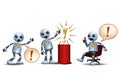 3d illustration of little robot business ideas present golden exclamation mark