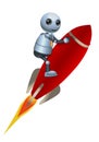 3d illustration of little robot business riding flying red rocket