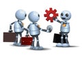 3d illustration of little robot business working together connecting cog wheel