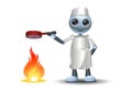 3D illustration of a little robot chef cooking holding pan on fire