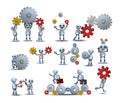 3d illustration of little robot handy robot man working on cog wheel engineer interacting teamwork