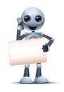 3d illustration of little robot hold blank sign while calling use phone communication