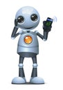 3d illustration of little robot hold handphone communication confuse to answer a call