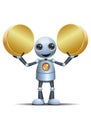 3D illustration of a little robot hold two coins Royalty Free Stock Photo