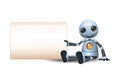 3d illustration of little robot hold wide blank sign communication while sit besides it