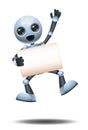 3d illustration of little robot jump in happiness while holding blank business sign