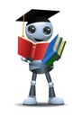 3d illustration of little robot learning from books representing educational graduation