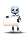 3d illustration of little robot presenting blank sign communication while smiling