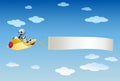 Illustration of a little robot riding elegant plane bring banner