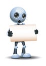 3d illustration of little robot shock while holding business blank sign communication