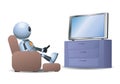 3d illustration of little robot watching tv while sit on sofa