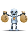 3d illustration of  little robot working to get rich carry two bag full of money Royalty Free Stock Photo