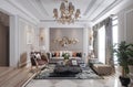 Living room interior in european style 3D illustration