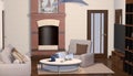 3d illustration living room interior with tv chair table fire place laptop apple